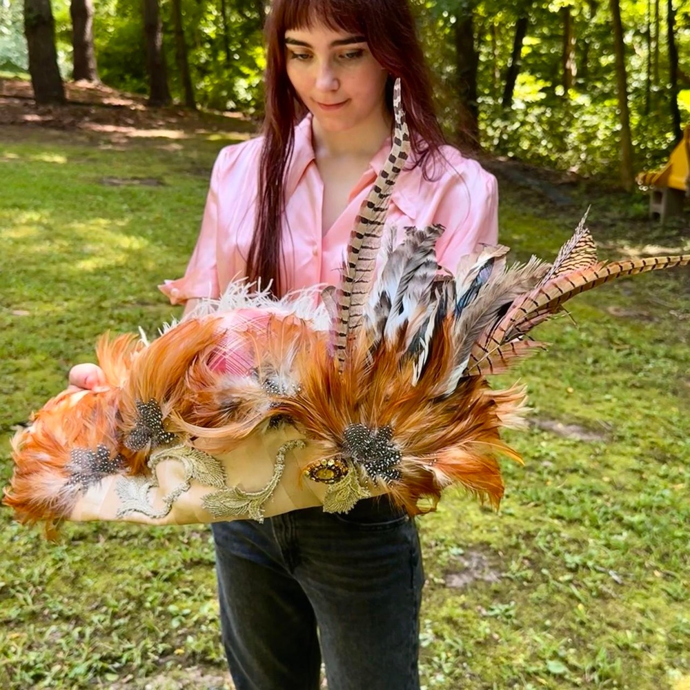 vintage merry widow costume hat pheasant plumes ostrich rhinestone brooch
